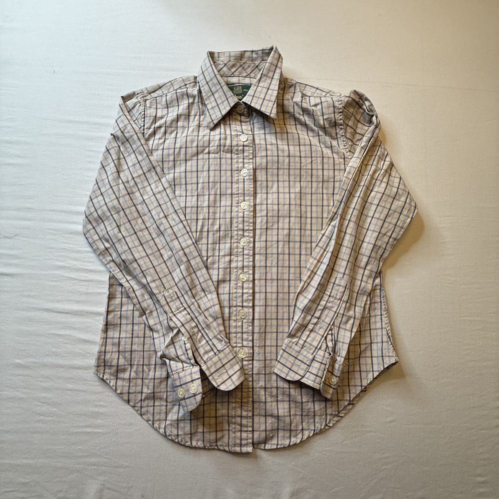 Orvis Shirt‎ Mens Small Tan Blue Plaid Long Sleeve Button Up 100% Cotton Casual